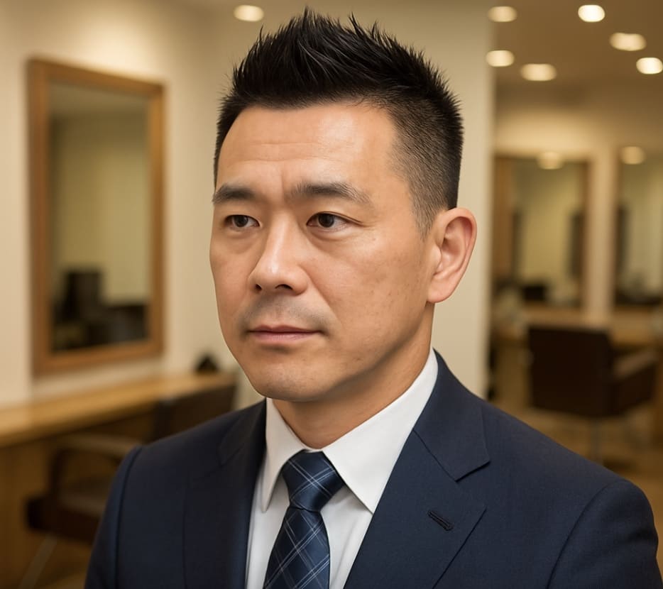 40代 ソフトモヒカン風 スーツ センター分け はげる 銀座 美容室 SARUTAHIKO