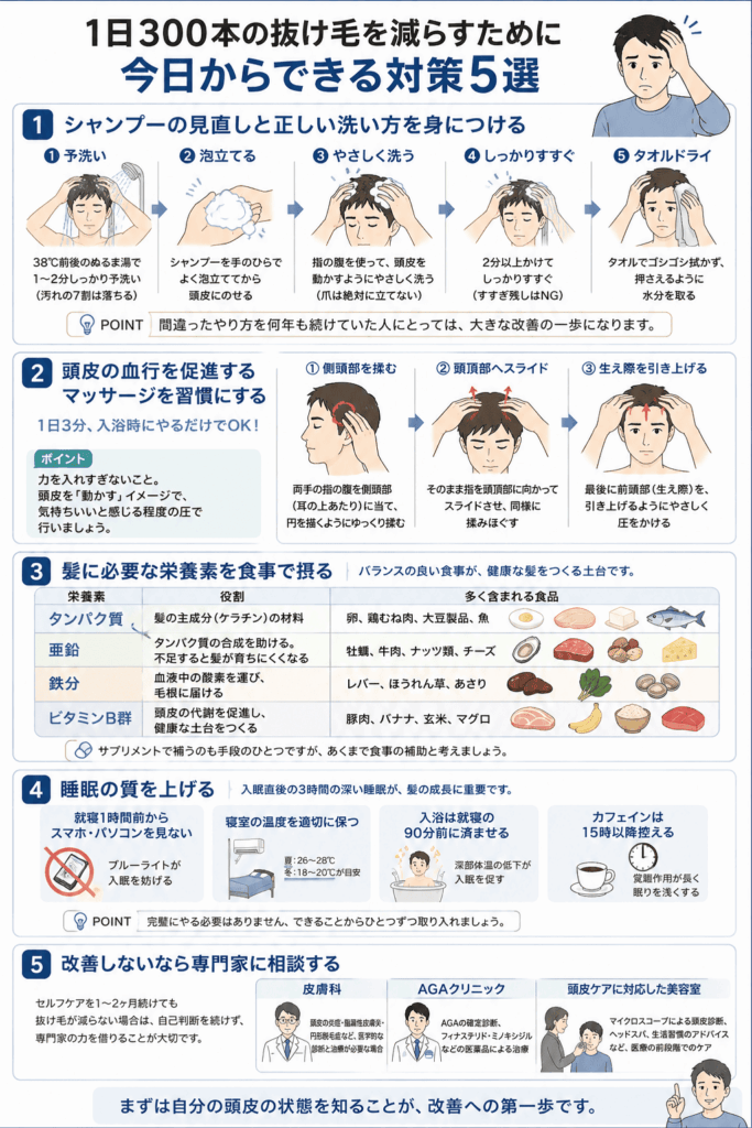 抜け毛が気になるときの洗髪・生活習慣・受診のポイントをまとめた図