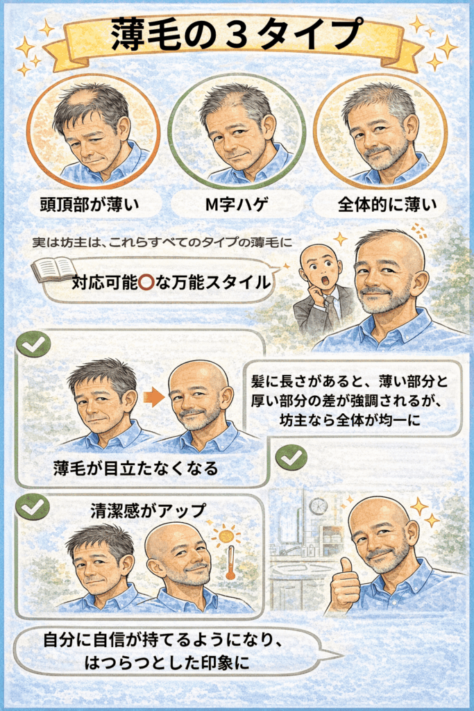 薄毛男性にこそ坊主がおすすめ