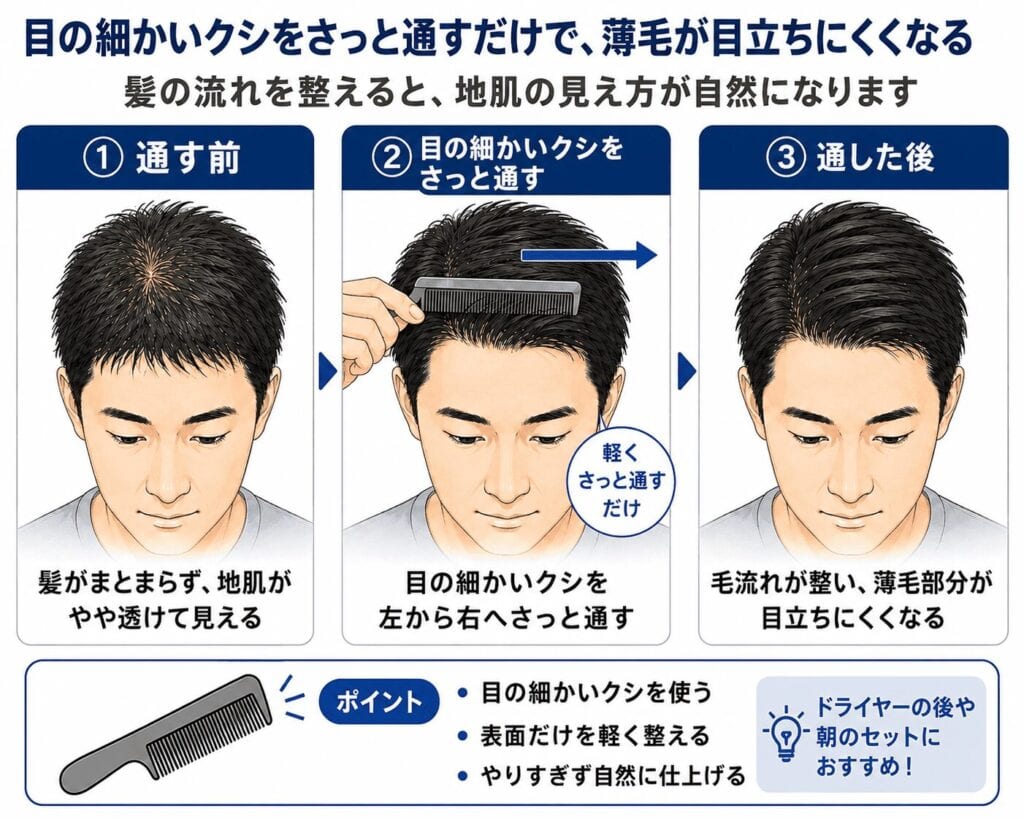 目の細かいクシで、薄毛が目立ちにくく。
