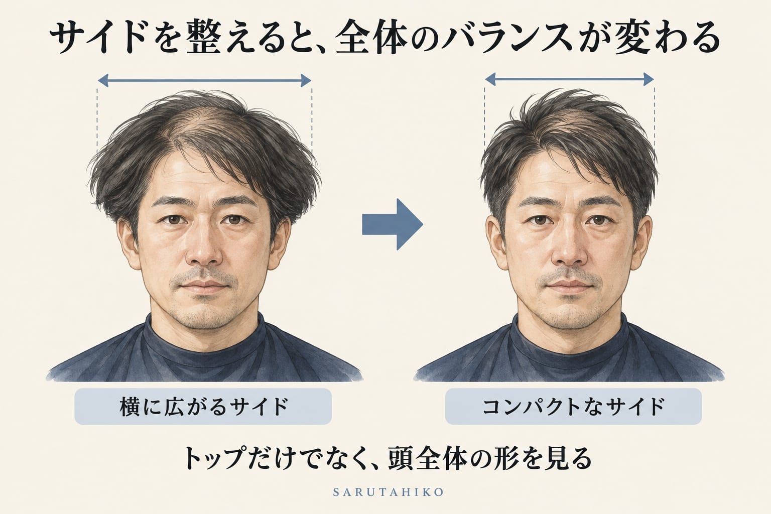 サイドが横に広がる髪型とコンパクトに整えた髪型を比較し、頭全体のバランスを示した図解