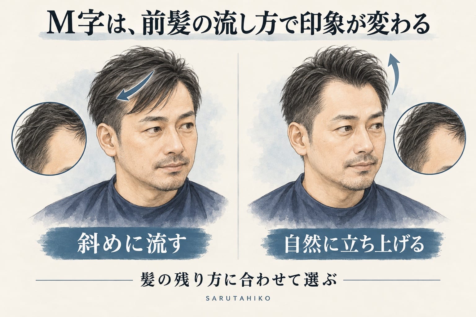 M字の生え際に合わせ、前髪を斜めに流す髪型と自然に立ち上げる髪型を示した図解