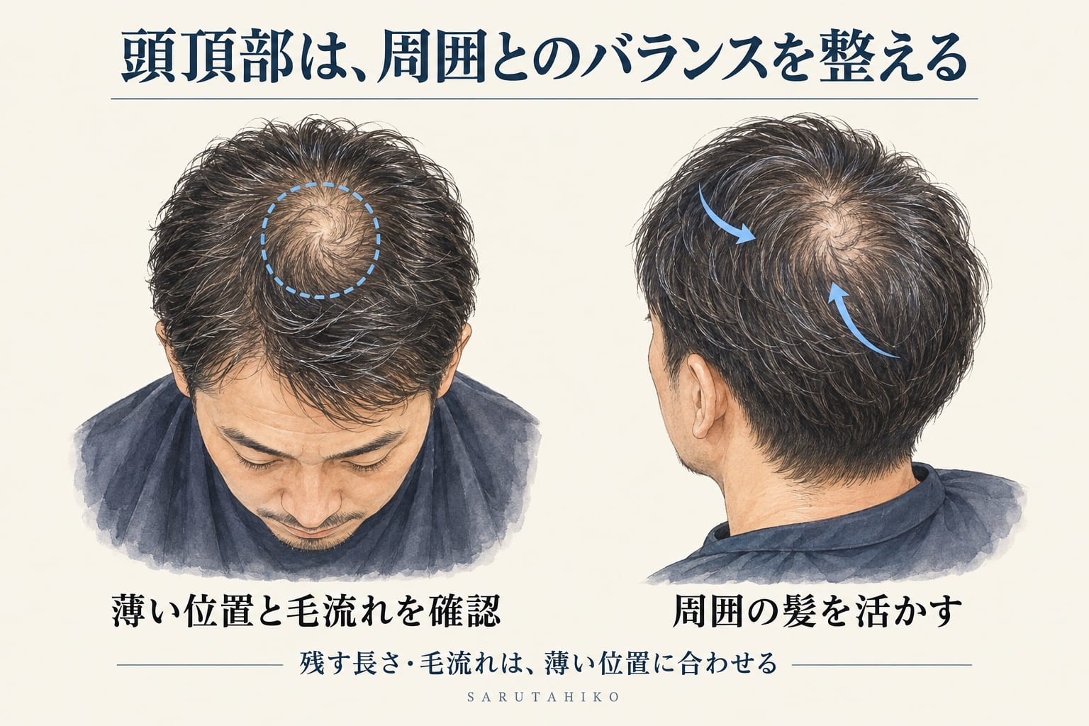 頭頂部の薄い位置と毛流れを確認し、周囲に残る髪を活かす考え方を示した図解