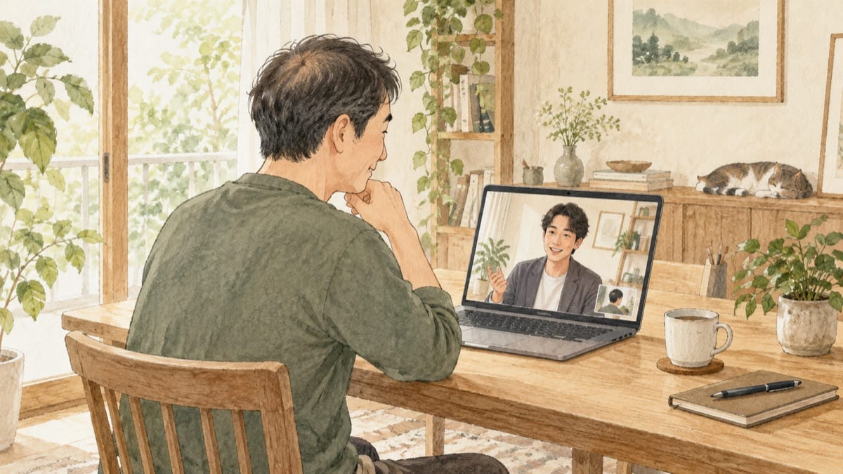 自宅からオンラインで相談する男性のイメージイラスト