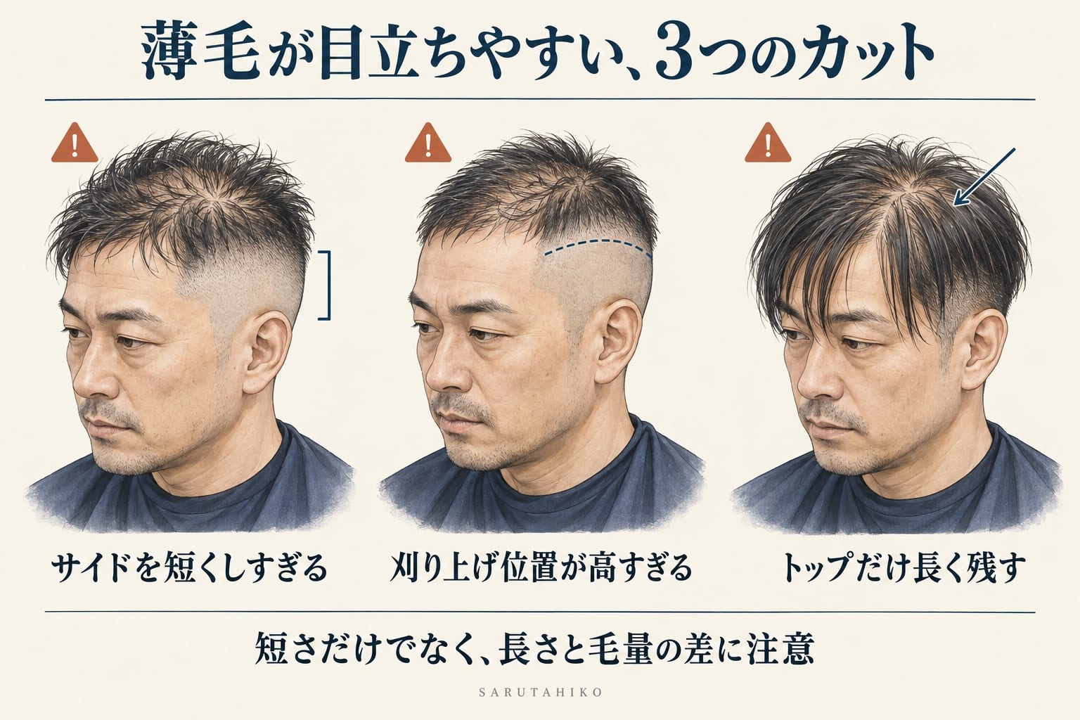 サイドを短くしすぎる、刈り上げ位置が高すぎる、トップだけ長く残すという3つのカットの注意点
