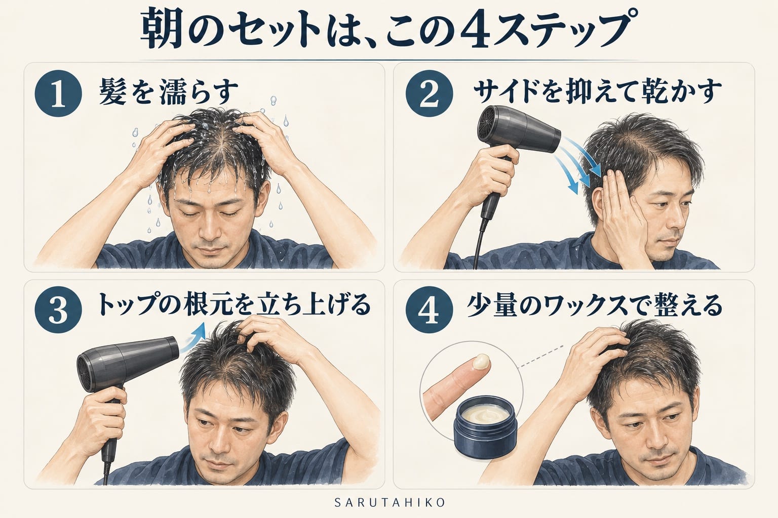 髪を濡らす、サイドを抑えて乾かす、トップの根元を立ち上げる、少量のワックスで整える朝のセット4ステップ