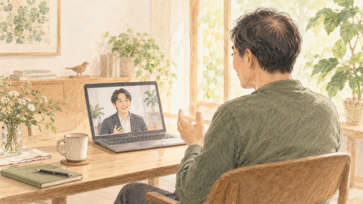 気になることをオンラインで話す男性のイメージイラスト