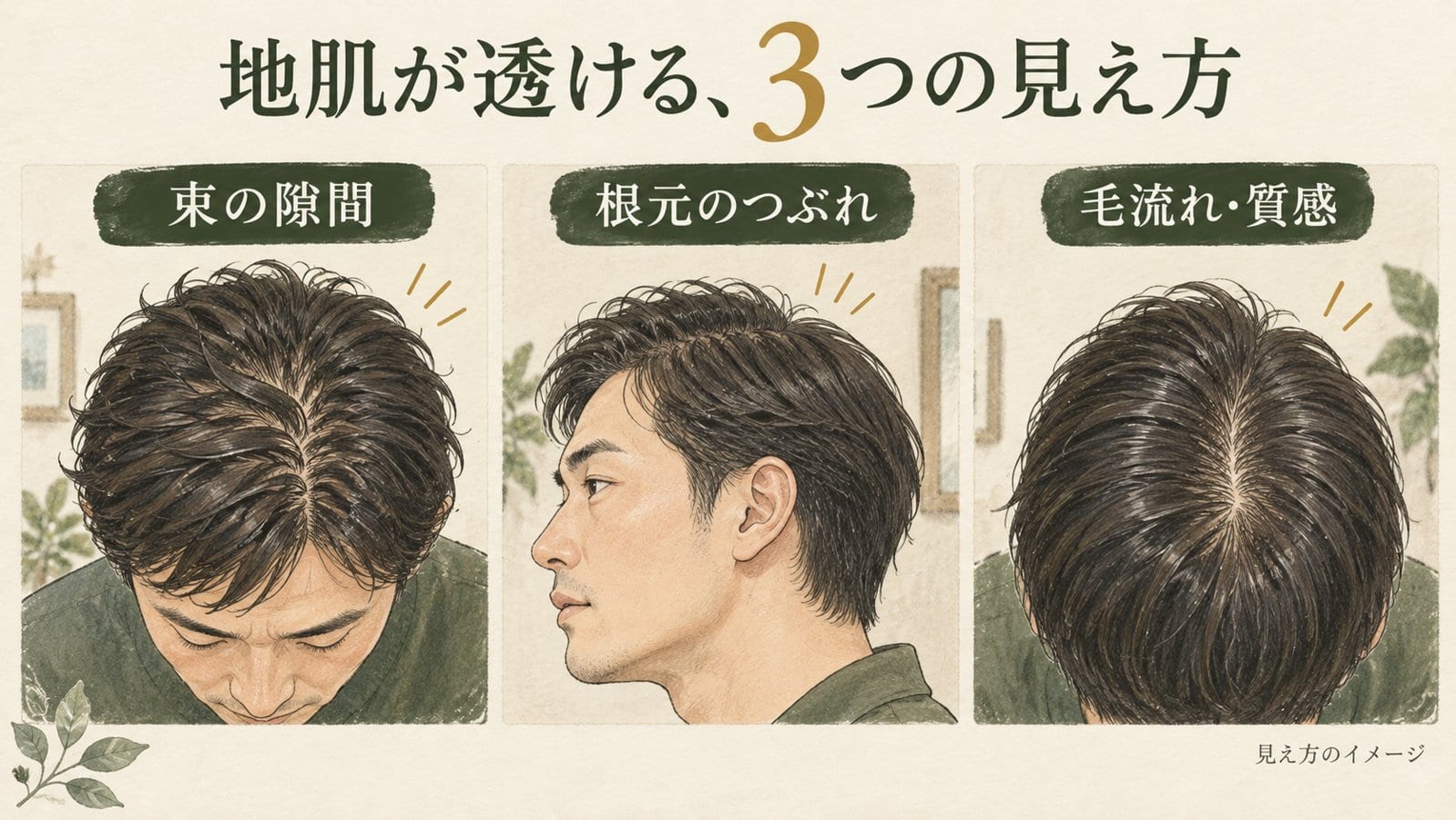 毛束の隙間、根元のつぶれ、毛流れや質感による見え方を説明するイラスト
