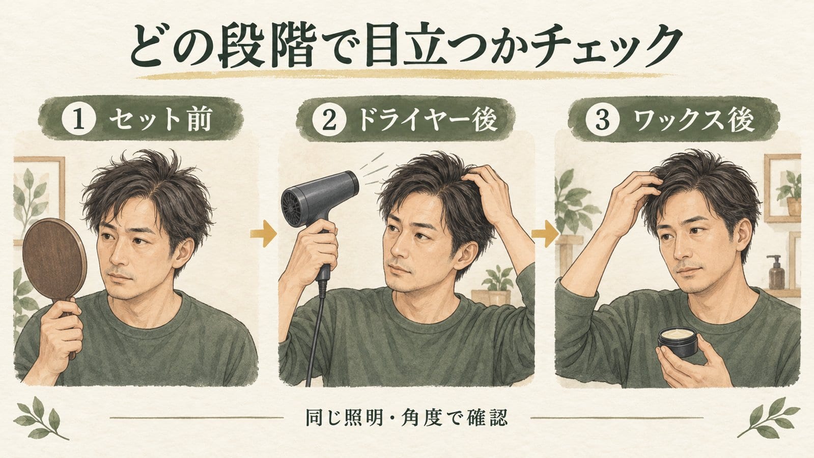 セット前、ドライヤー後、ワックス後を同じ照明と角度で確認する流れ