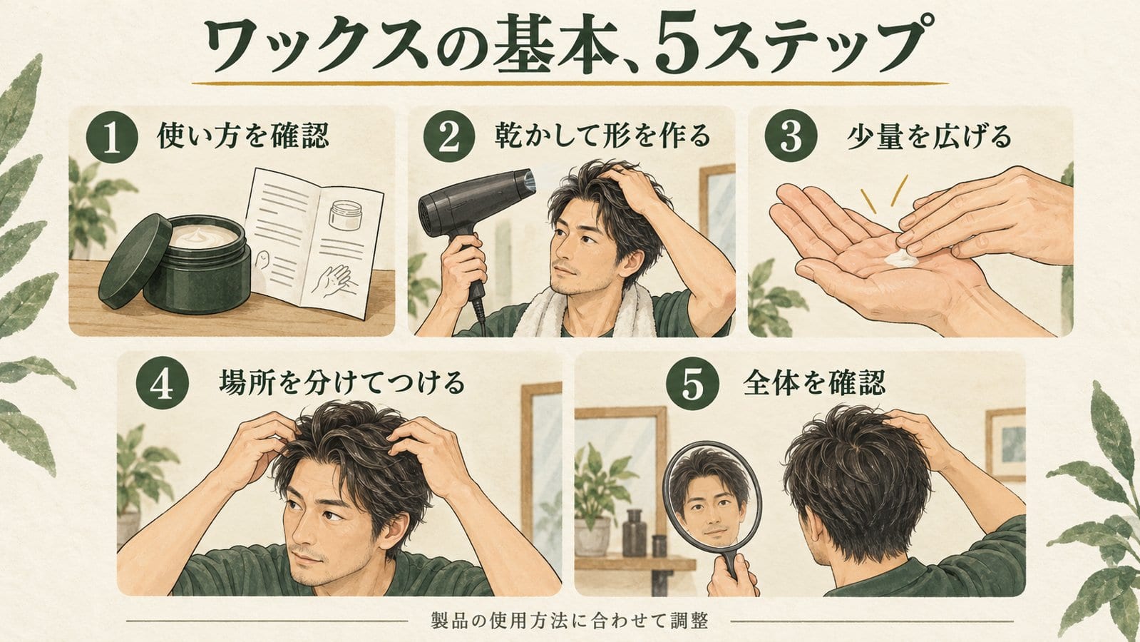 製品確認、乾かす、少量を広げる、場所を分ける、全体確認の5ステップ