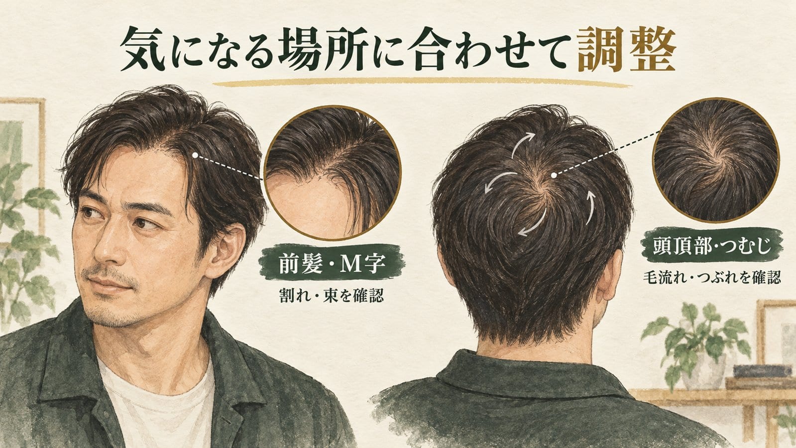 前髪・M字の割れと束、頭頂部・つむじの毛流れとつぶれを確認するイラスト