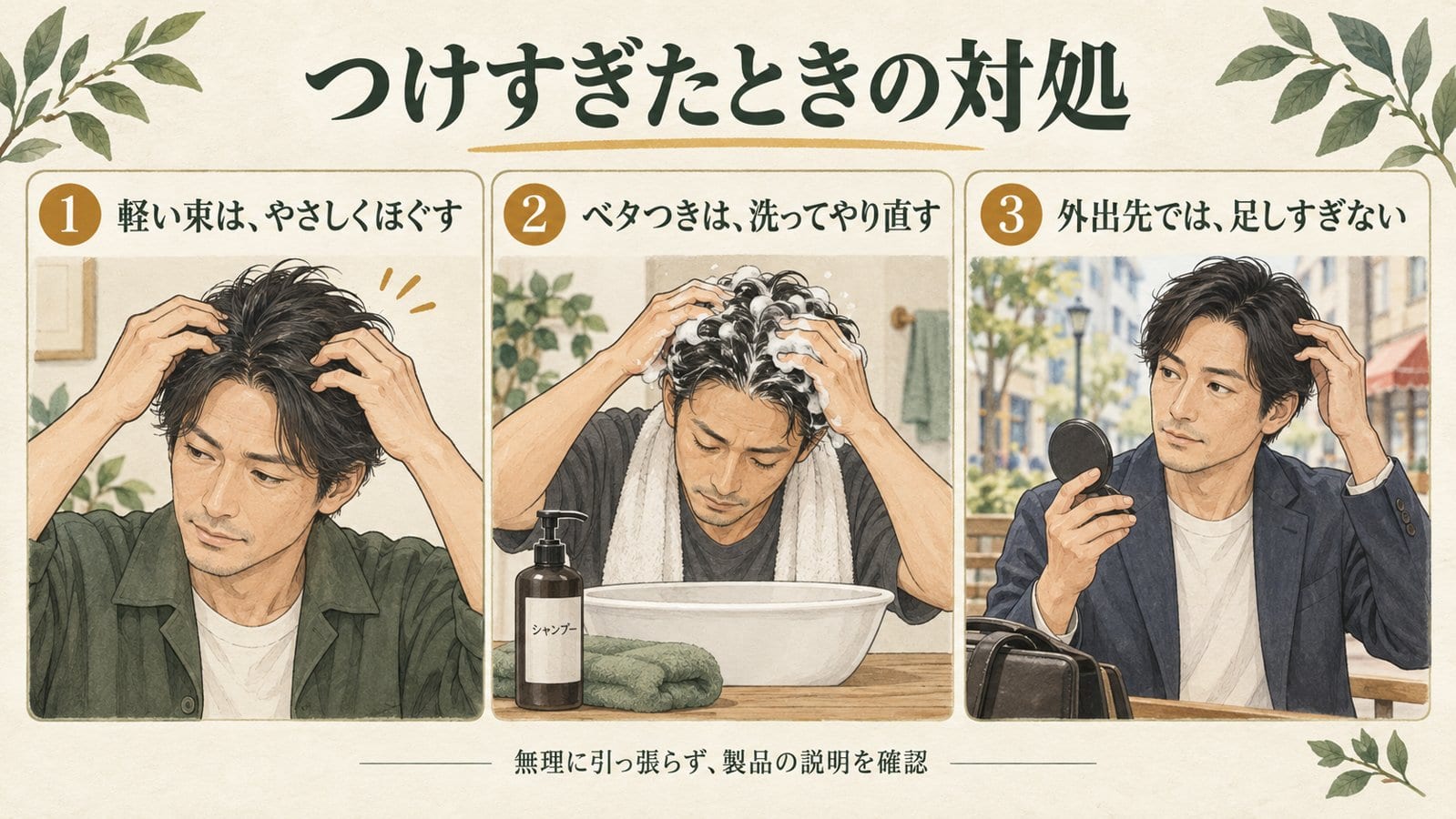 束をほぐす、洗い直す、外出先で足しすぎない対処のイメージ