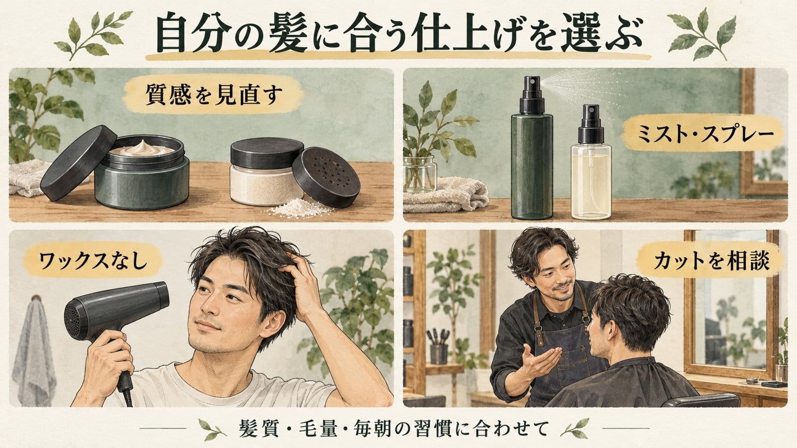 質感の見直し、ミストやスプレー、ワックスなし、カット相談の選択肢